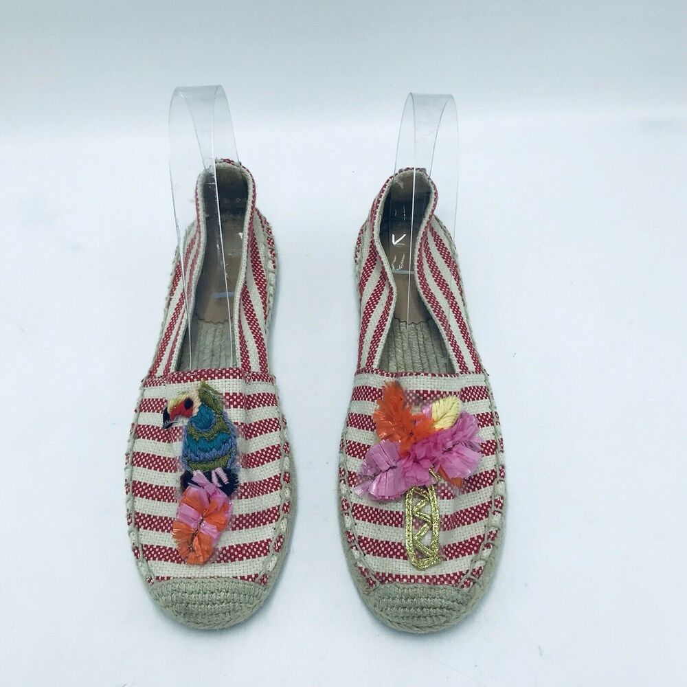 J Crew Women's 6 Island Espadrilles Slip On Flats Red Striped Parrot Palm Tree